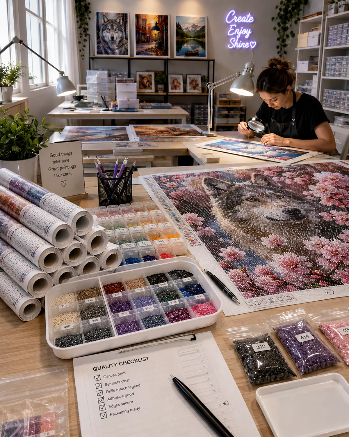 Diamond Paint studio with drills being sorted and labelled and canvases checked under good light